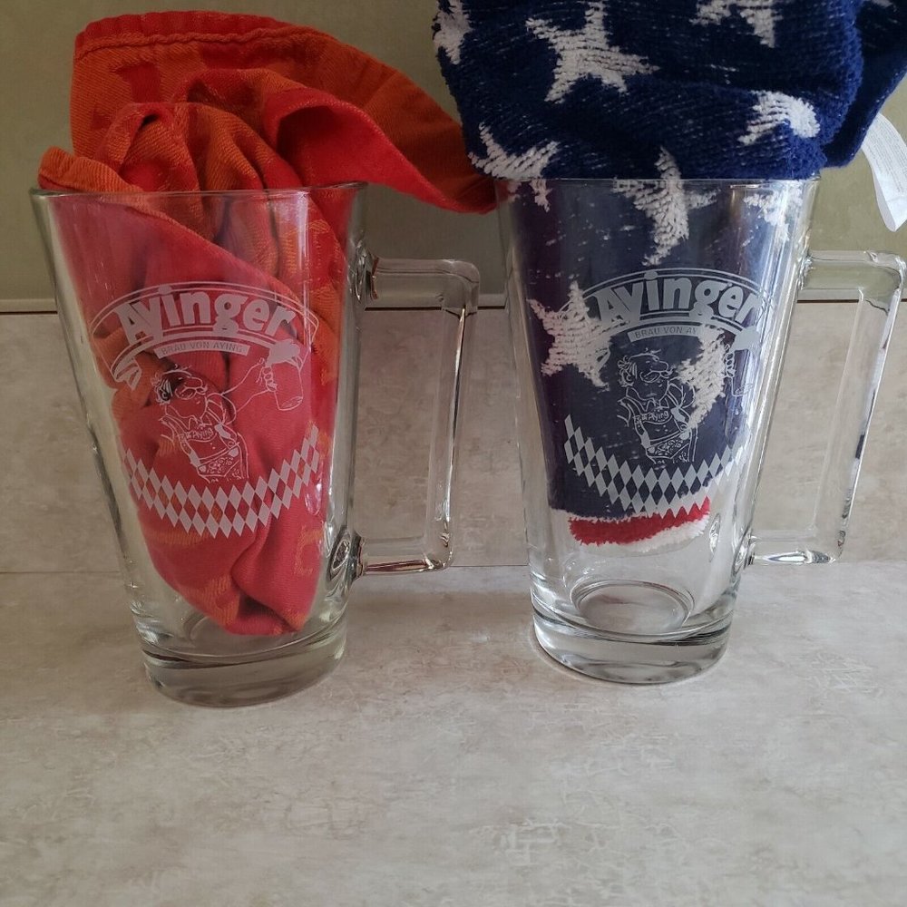 Set of 2 Ayinger Brewery Glasses Beer Mugs with Handles Aying Germany Prost
